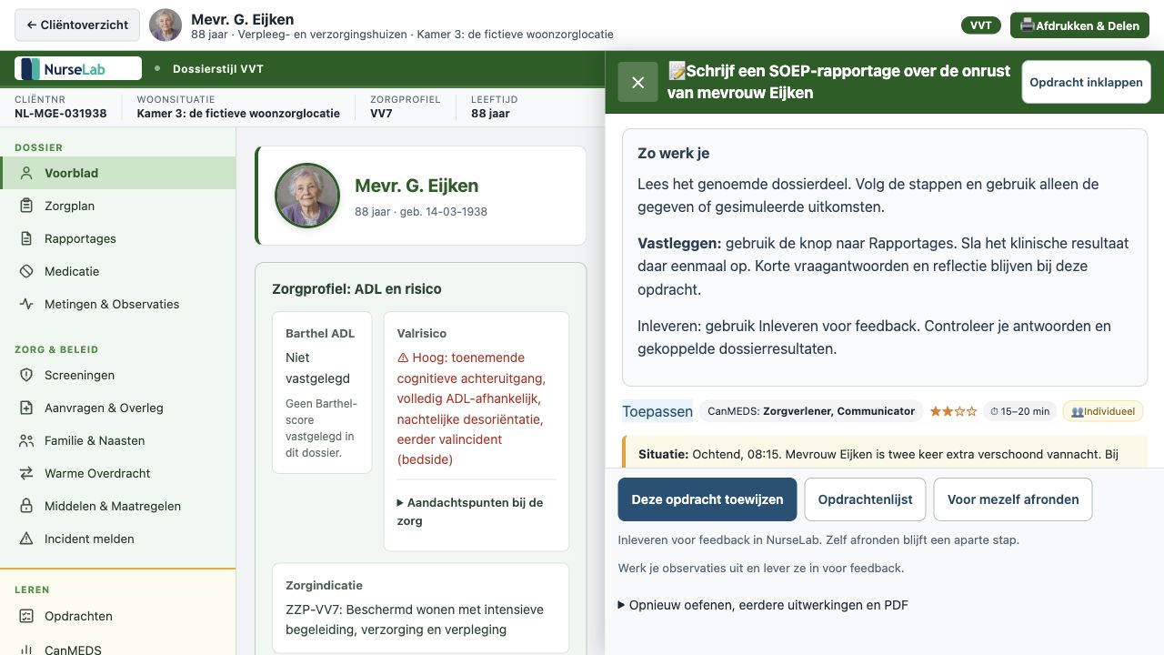 Voorbeeld van een fictief patiëntendossier in NurseLab EPD